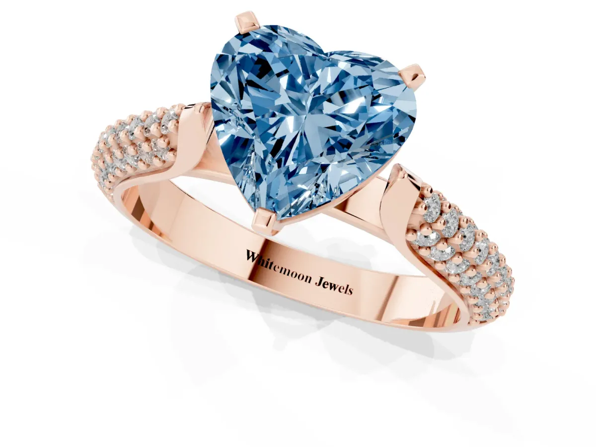 Fancy Blue Heart Cut Diamond Solitaire Engagement Ring with Multi-Row Round Pavé Band and Prong Setting Rose gold