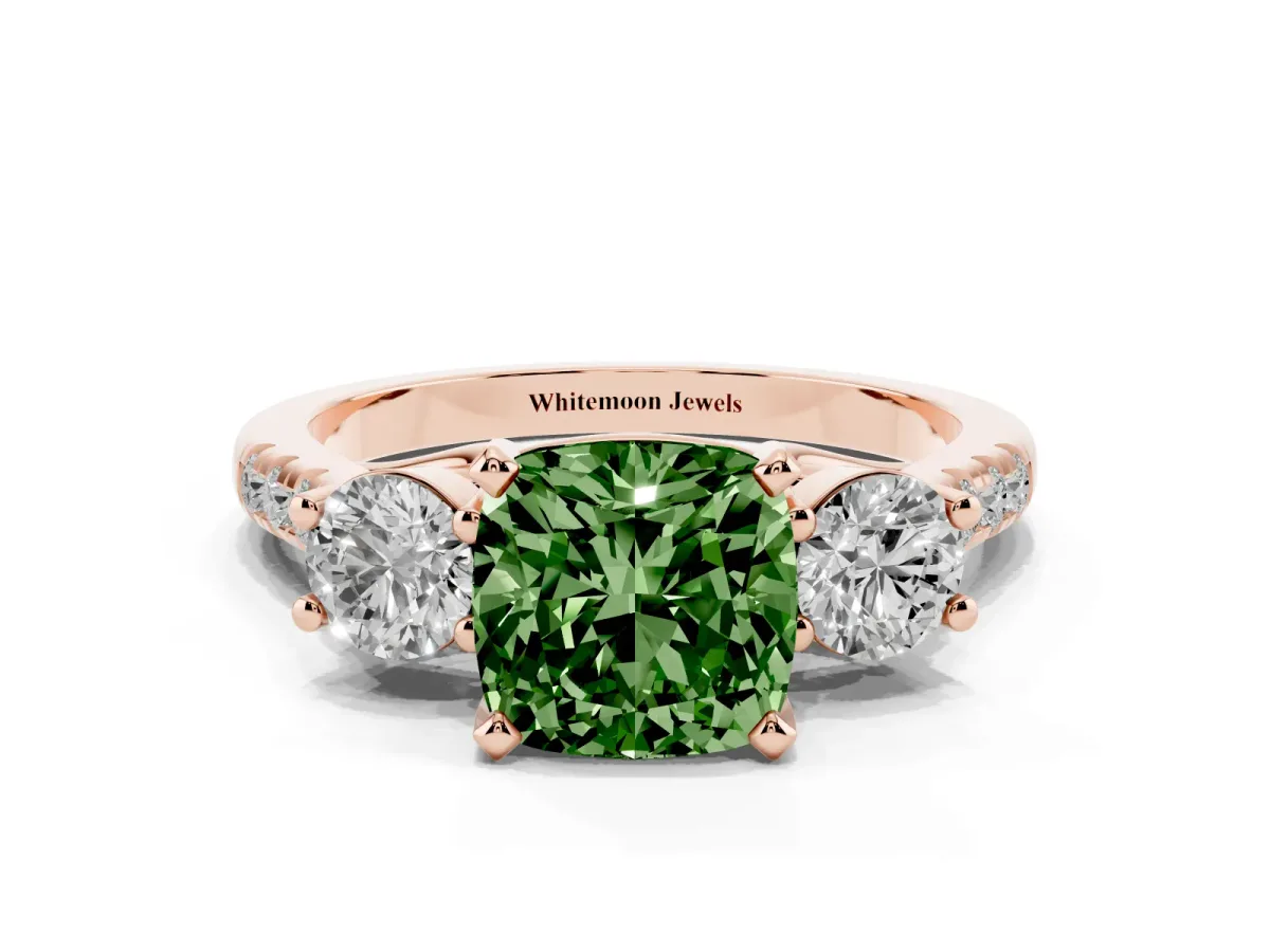 Fancy Green Three-Stone Cushion Cut Diamond Pavé Band with Four-Prong Setting Rose gold