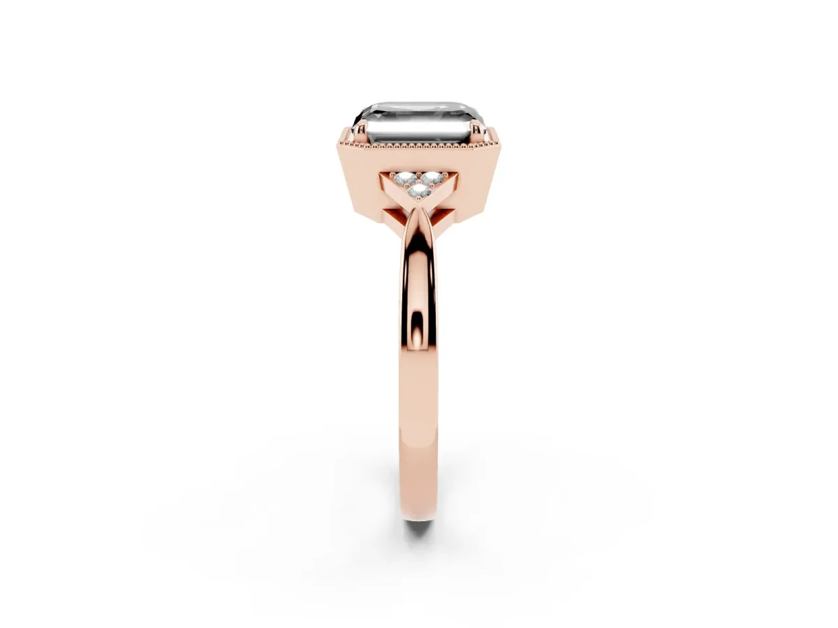 Fancy Black Hexagonal Halo Asscher Cut Diamond Solitaire with Pavé Band and Four-Prong Setting Rose gold