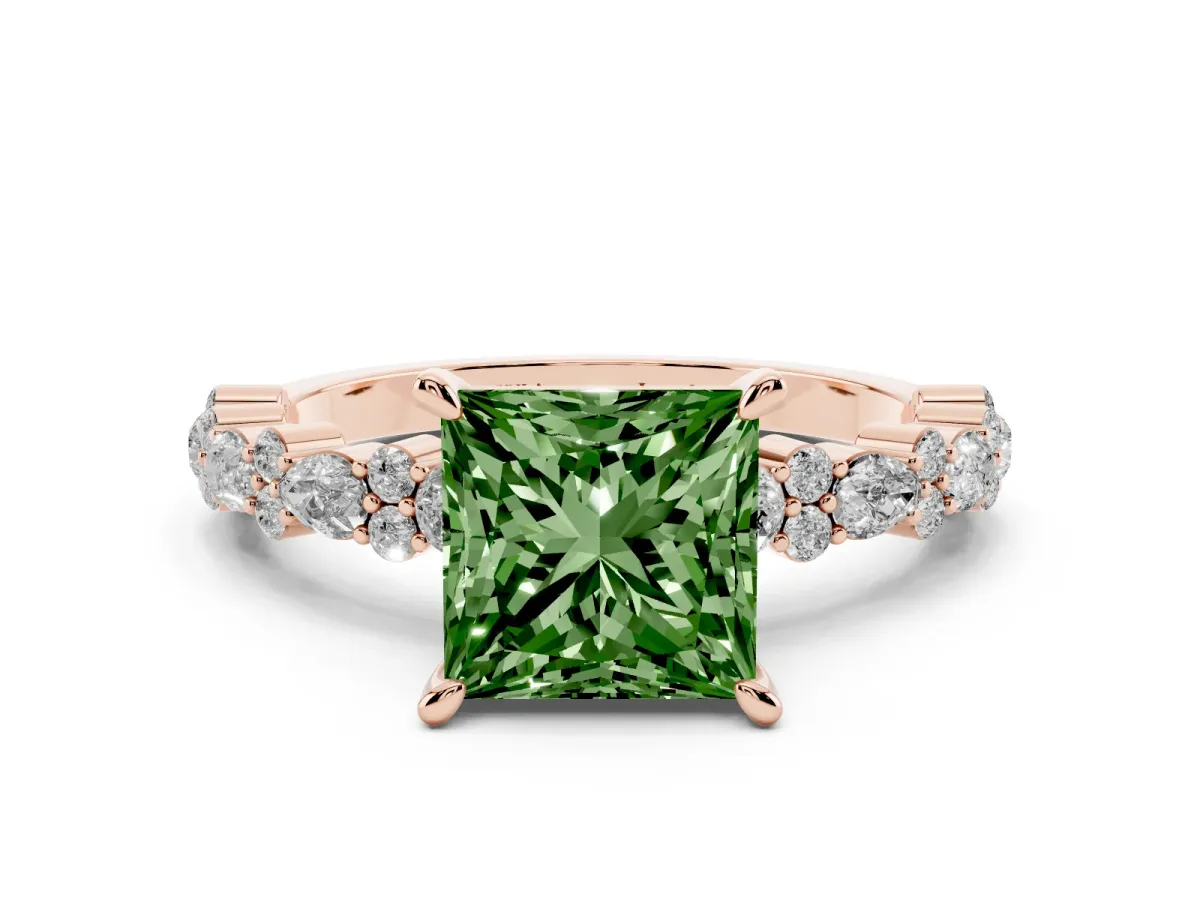 Fancy Green Princess Cut Diamond Side Stone Solitaire Ring with Round and Four-Prong Setting Rose gold