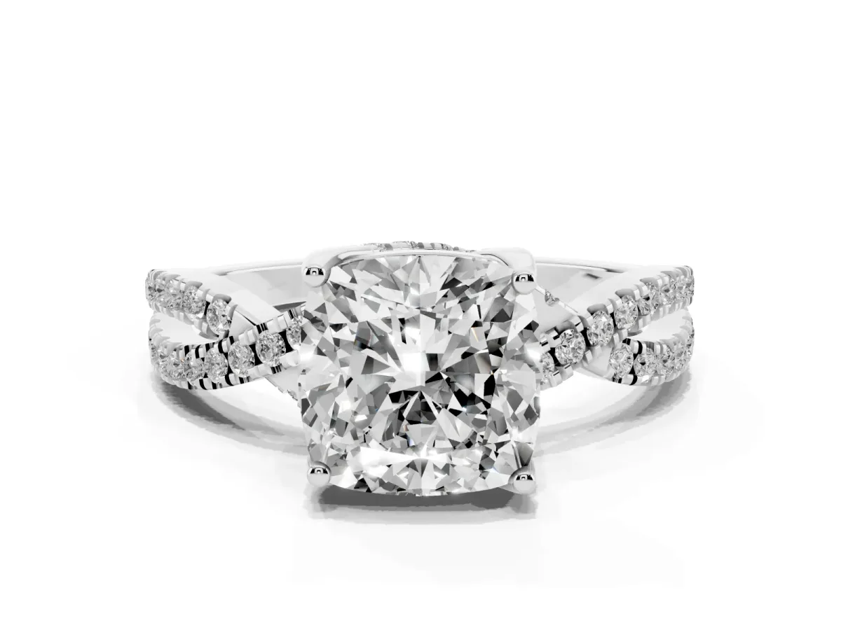 Cushion Cut Solitaire Twist Pave Diamond Engagement Ring with Prong Setting Silver