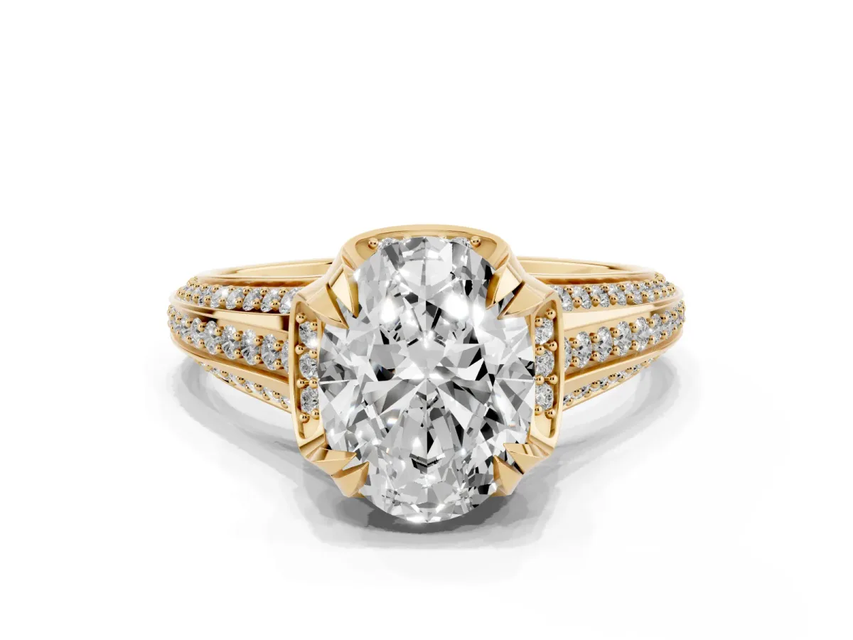 Oval Cut Solitaire Pave Split Shank Ring with Four-Prong Setting Yellow gold