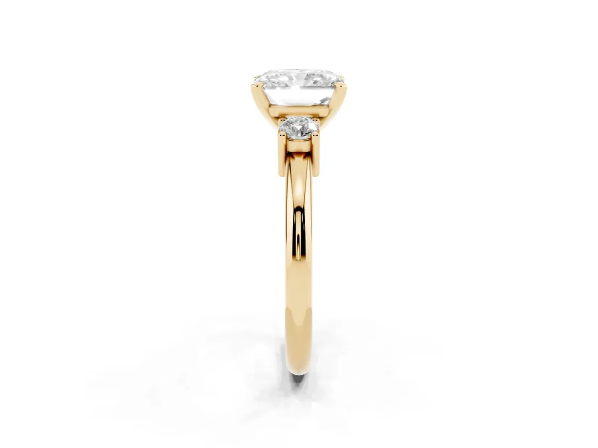 Three-Stone Radiant Cut Cut Diamond Solitaire with Prong Setting and Classic Band Yellow gold