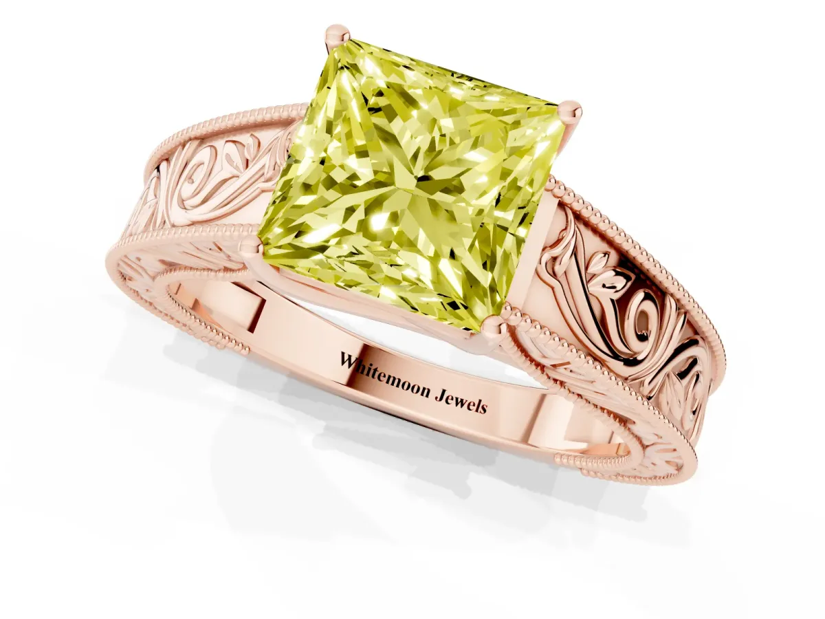 Fancy Yellow Princess Cut Diamond Solitaire Ring with Engraved Band and Four-Prong Setting Rose gold