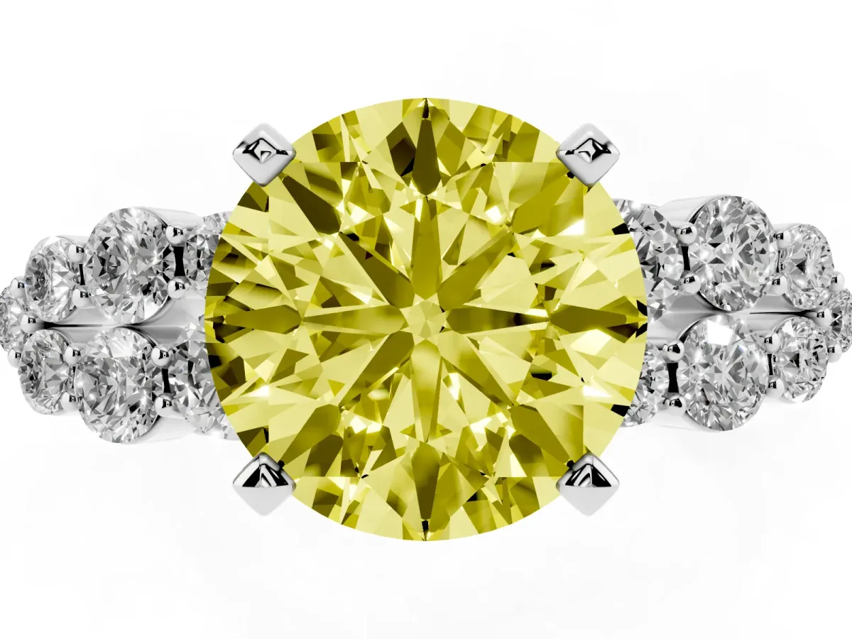 Fancy Yellow Round Cut Cluster Diamond Engagement Ring with Pavé Band and Four-Prong Setting White gold