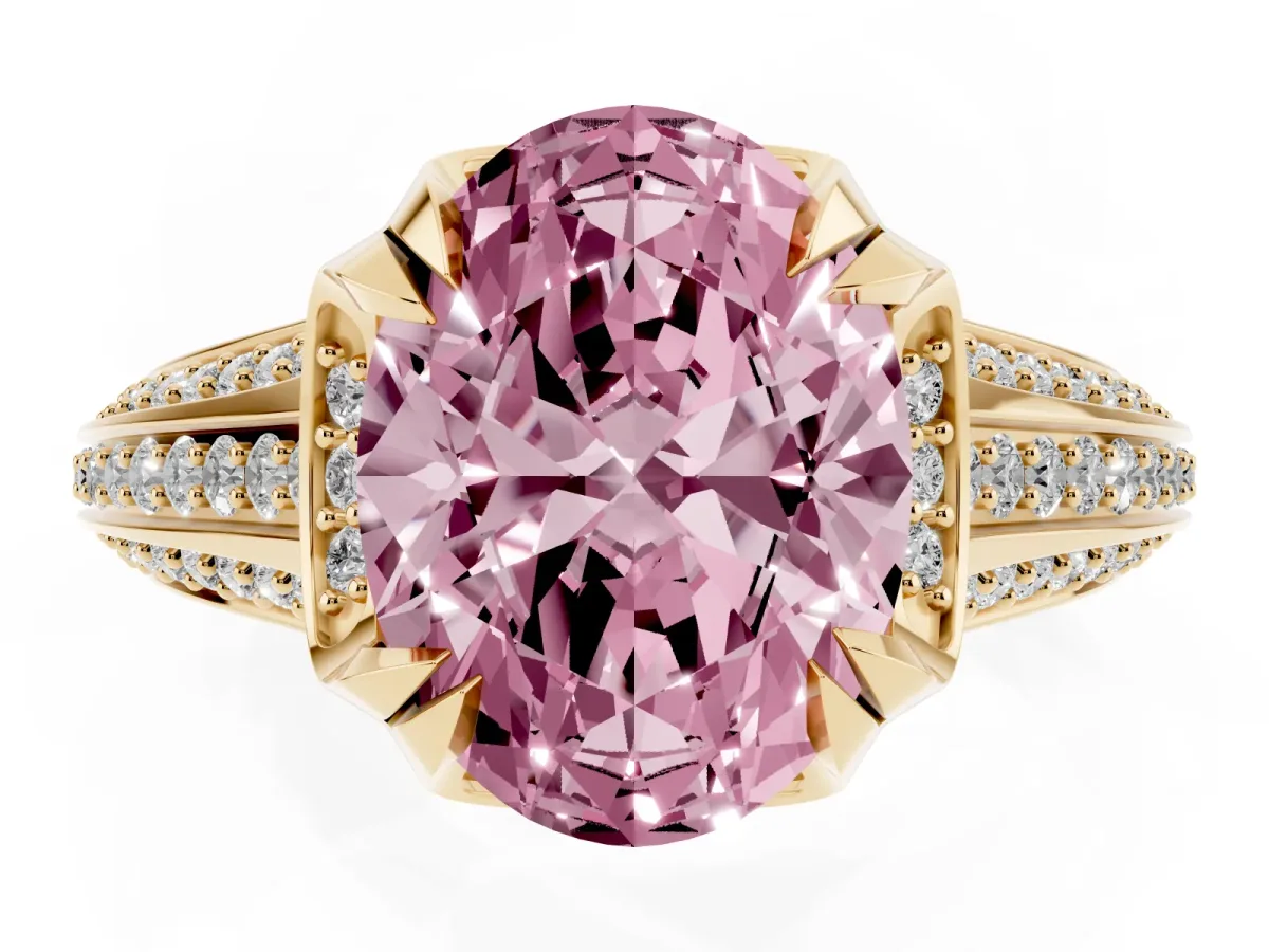 Fancy Pink Oval Cut Solitaire Pave Split Shank Ring with Four-Prong Setting Yellow gold