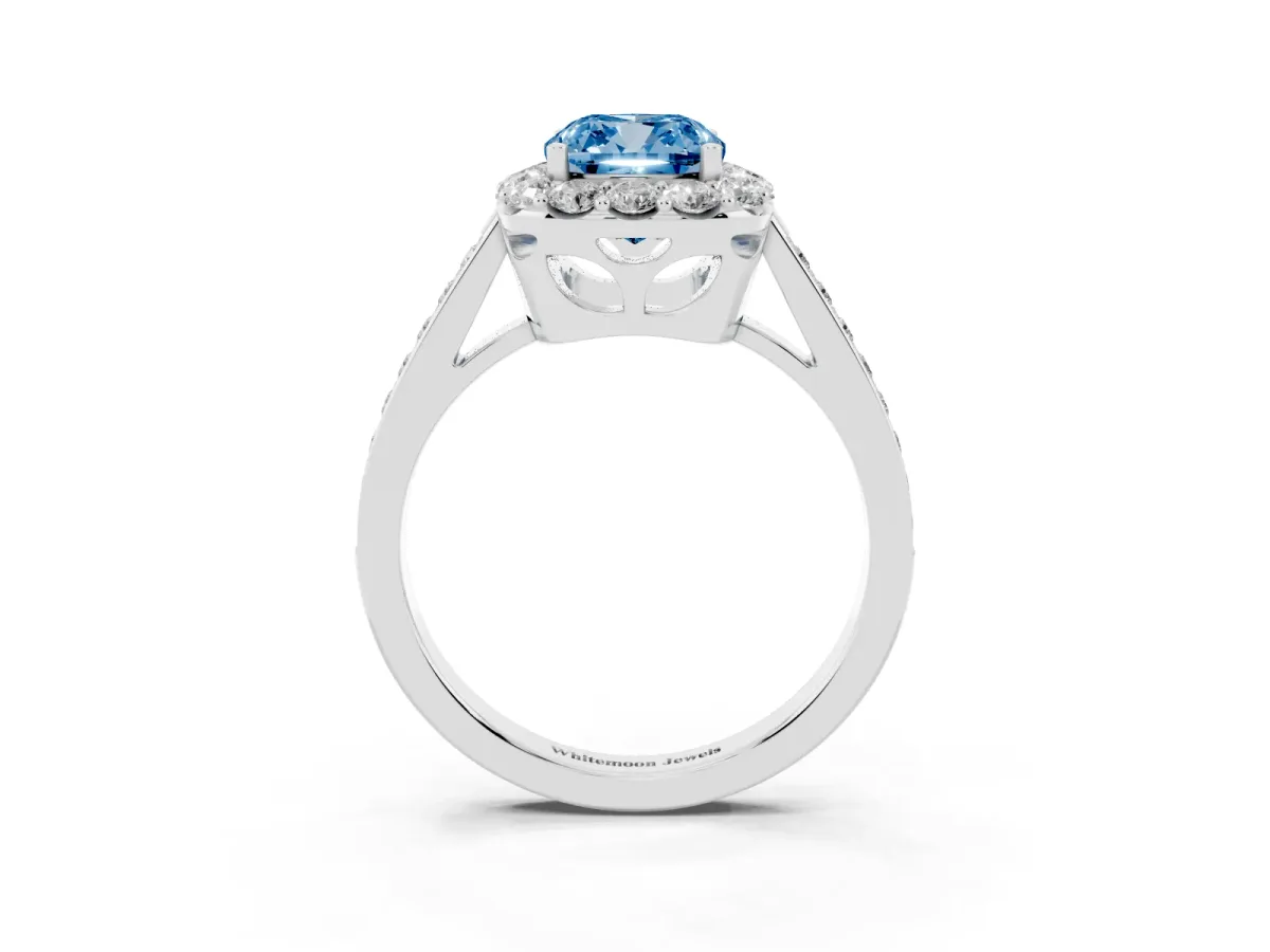 Fancy Blue Cushion Cut Diamond Floral Halo Ring with Pavé Band and Prong Setting White gold
