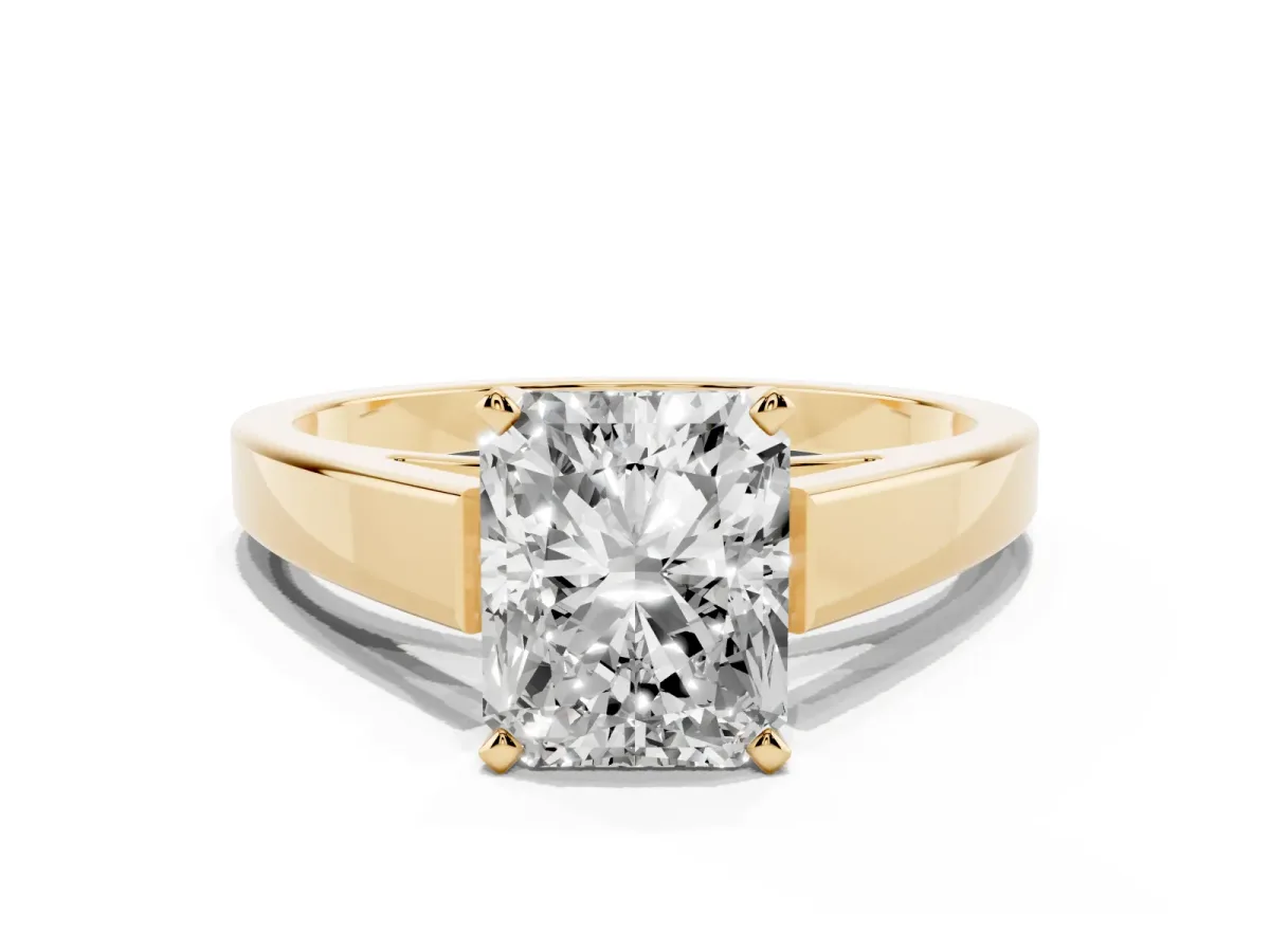 Radiant Cut Solitaire Engagement Ring with Four-Prong Setting and Tapered Band Yellow gold