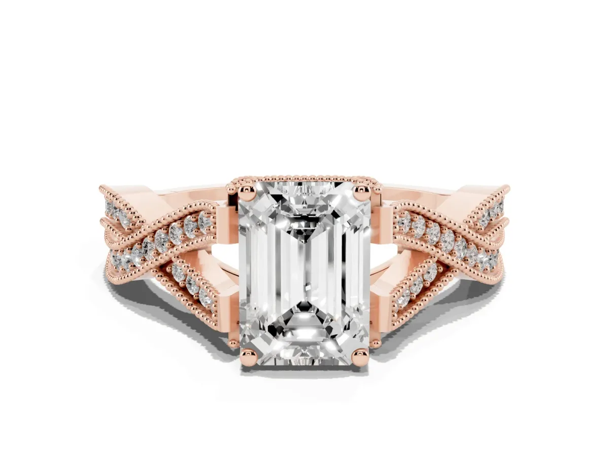 Emerald Cut Cut Diamond Twisted Band with Milgrain Pave Setting and Four-Prong Setting Rose gold