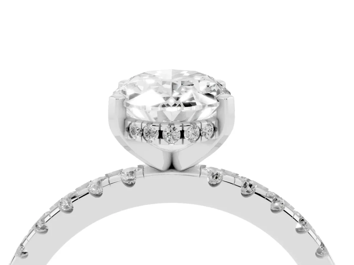Oval Cut Diamond Solitaire Ring with Round Pavé Band and Four-Prong Setting Silver