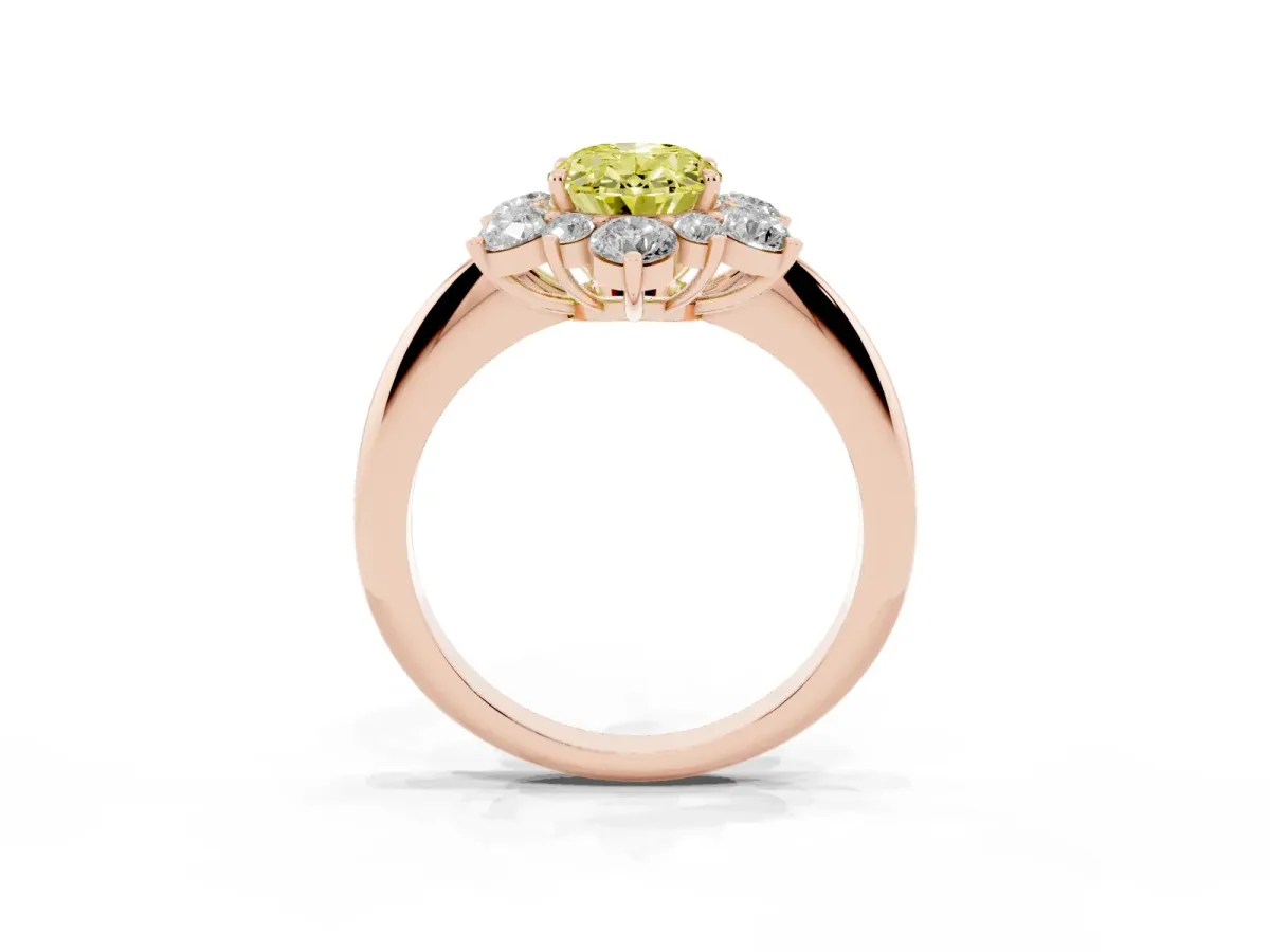 Fancy Yellow Oval Cut Diamond Cluster Halo Ring with Solitaire Band and Four-Prong Setting Rose gold