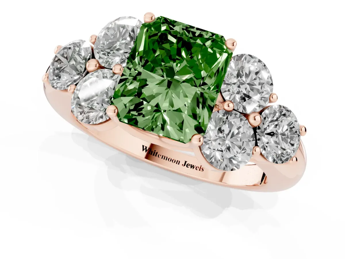 Fancy Green Radiant Cut Cut Diamond Cluster Ring with Round Accent Stones and Prong Setting on a Classic Band Rose gold