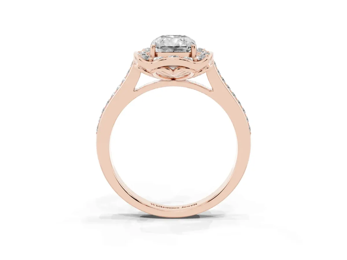Radiant Cut Halo Round Diamond Pave Band with Four-Prong Setting Rose gold