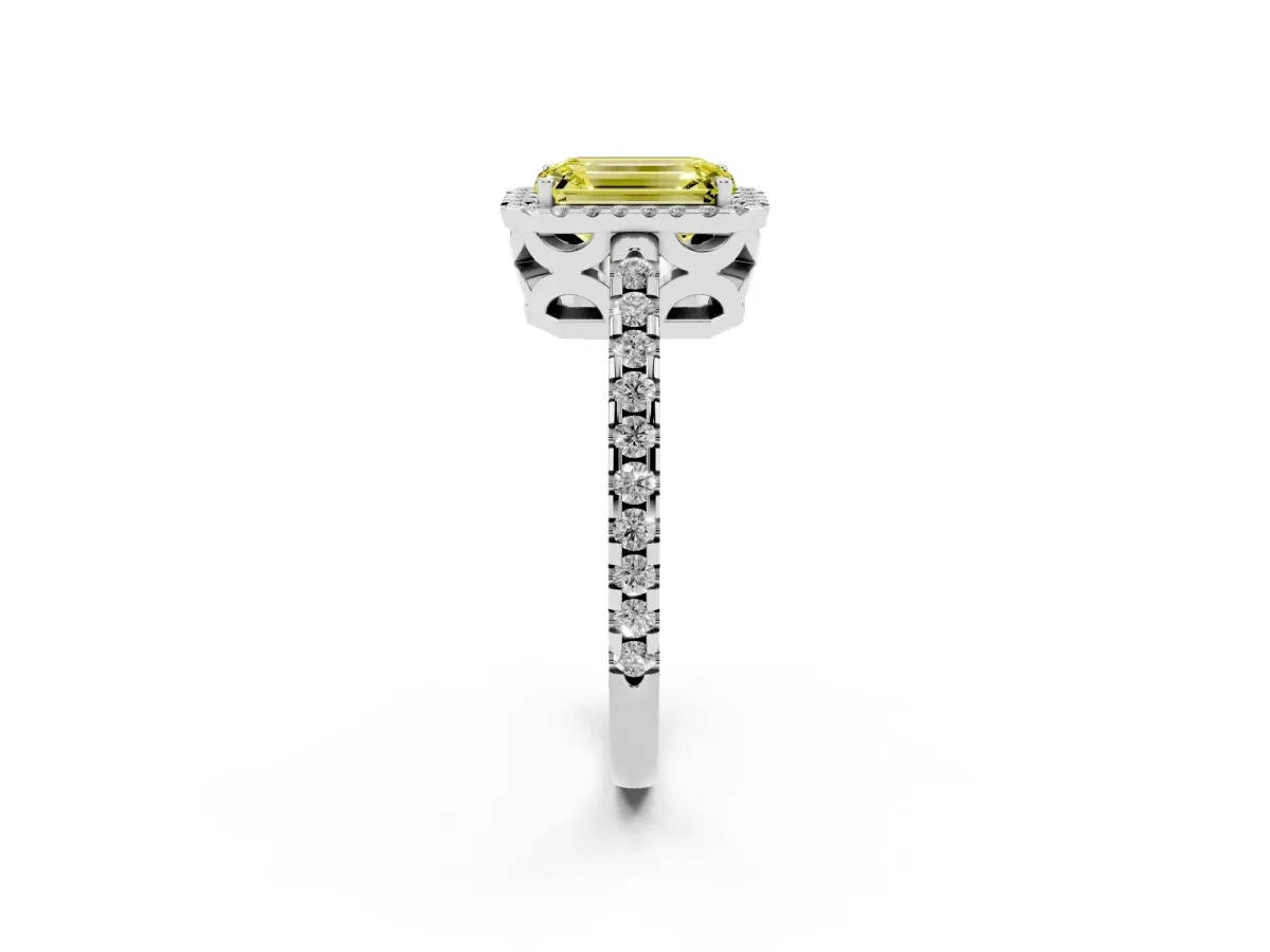 Fancy Yellow Emerald Cut Diamond Halo Engagement Ring with Pavé Band and Prong Setting Platinum
