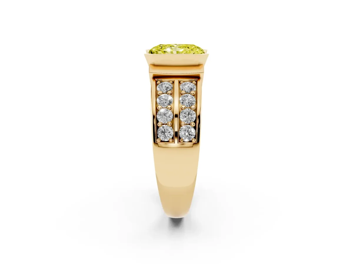 Fancy Yellow Radiant Cut Brilliant Diamond Channel Set Wide Band Ring with Bezel Setting Yellow gold