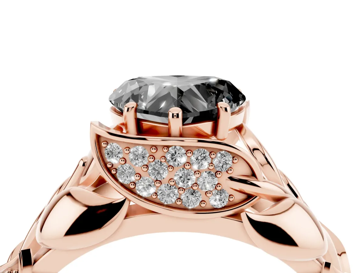 Fancy Black Heart Cut Diamond Leaf-Inspired Engagement Ring with Round Accents and Prong Setting Rose gold