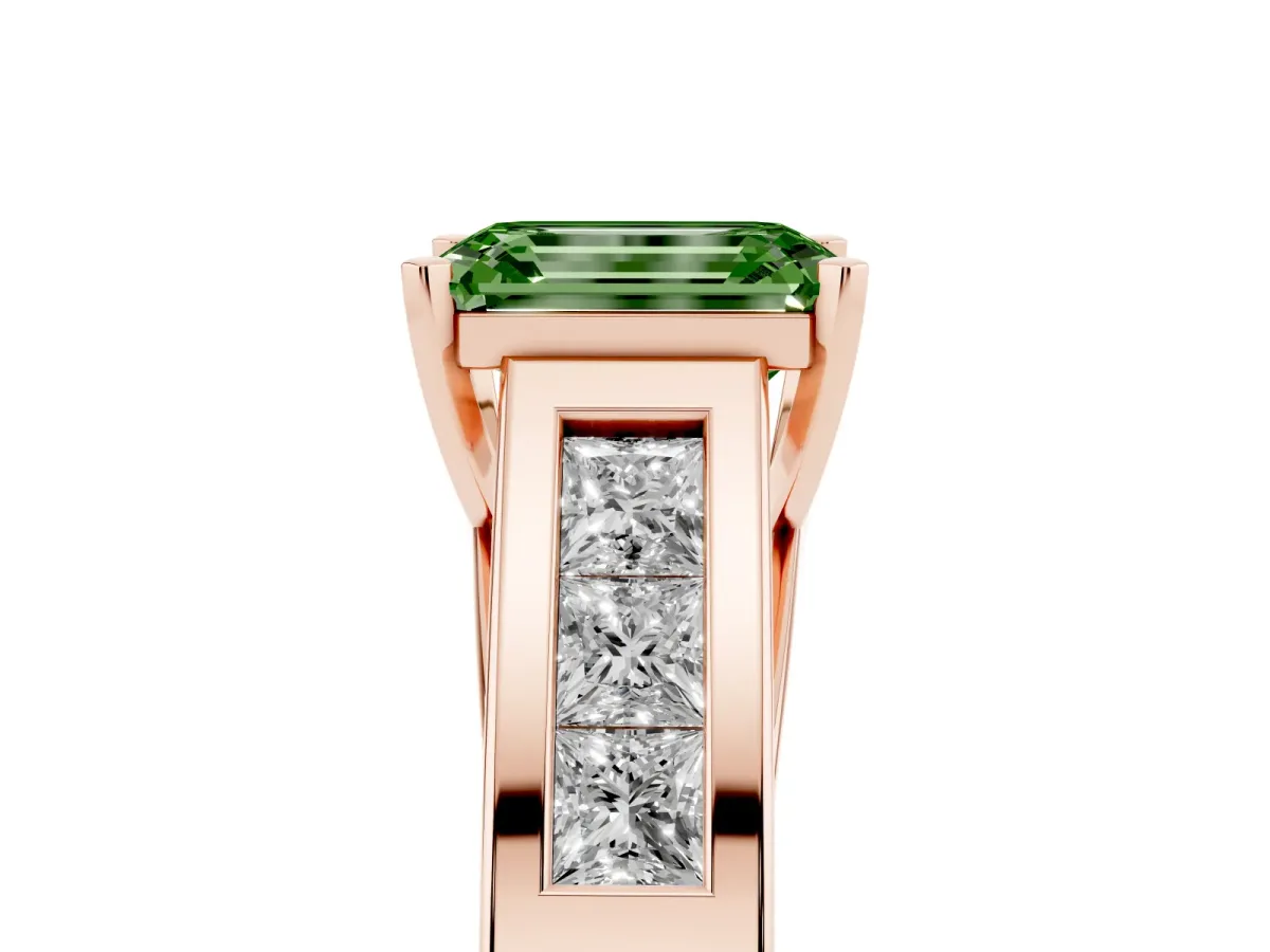Fancy Green Emerald Cut Cut Channel Set Solitaire Ring with Four-Prong Setting Rose gold