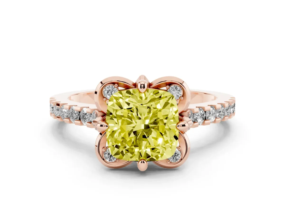 Fancy Yellow Cushion Cut Diamond Ring with Pavé Band and Floral Prong Setting Rose gold