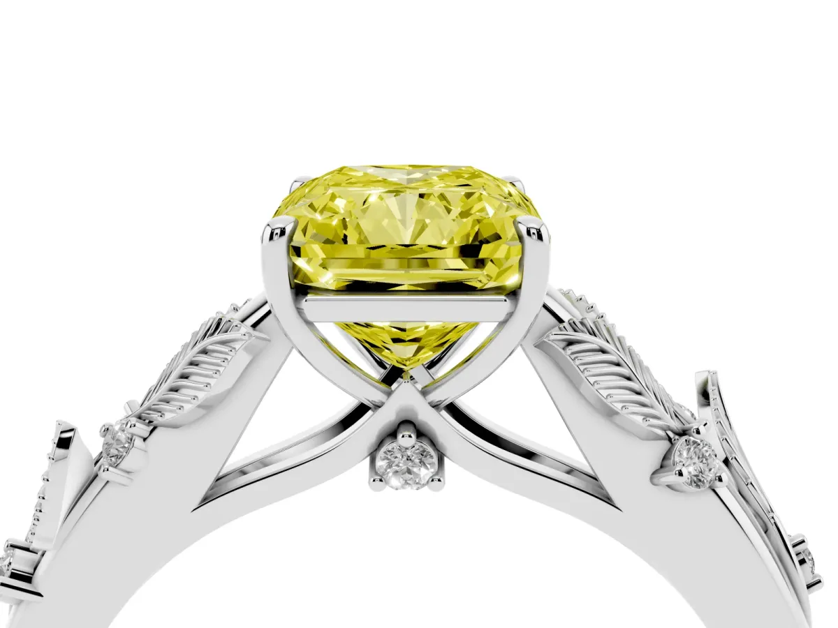 Fancy Yellow Radiant Cut Diamond Solitaire Ring with Leaf Motif Band and Four-Prong Setting Silver
