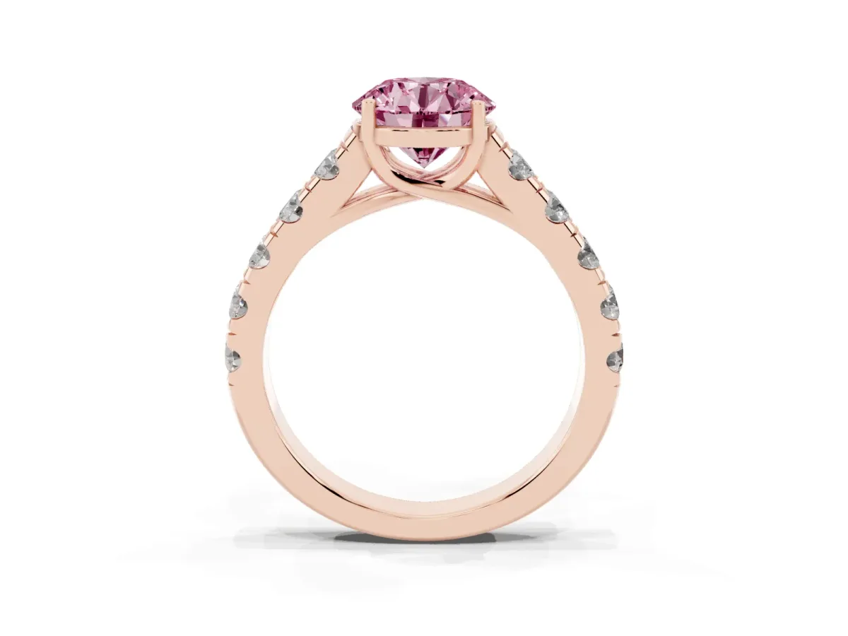 Fancy Pink Round Cut Cut Diamond Solitaire Ring with Micro Pave Band and Prong Setting Rose gold