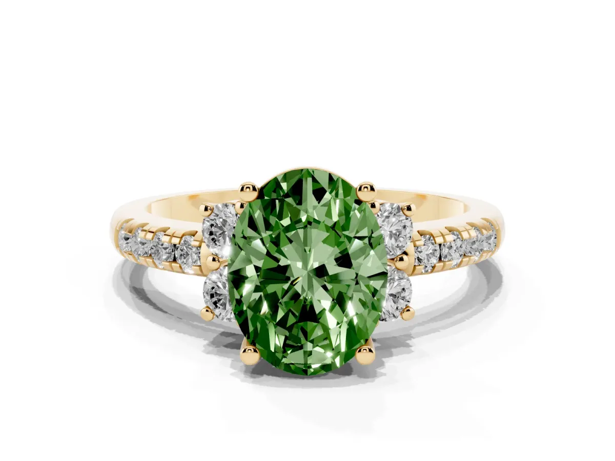 Fancy Green Oval Cut Diamond Three-Stone Pave Band with Four-Prong Setting Yellow gold