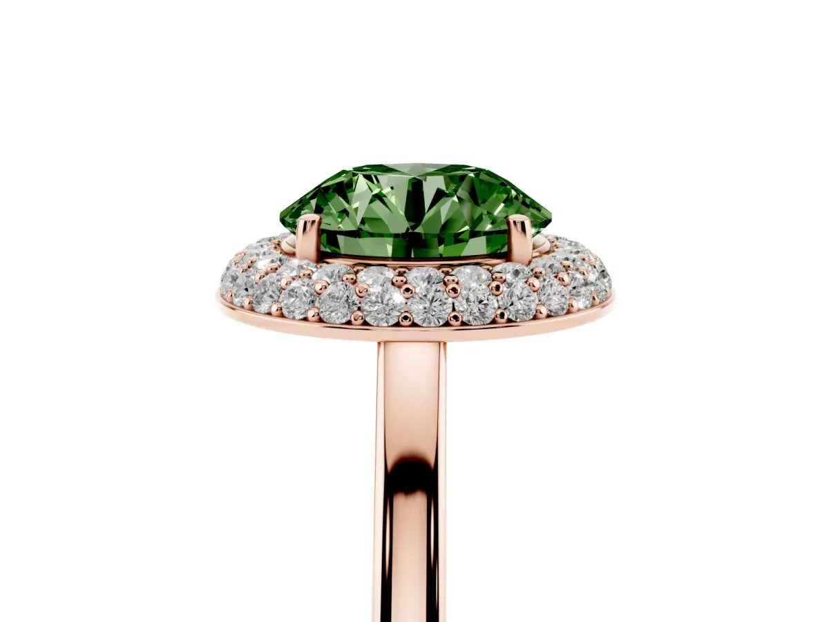 Fancy Green Round Cut Halo Diamond Engagement Ring with Solitaire Band and Four-Prong Setting Rose gold