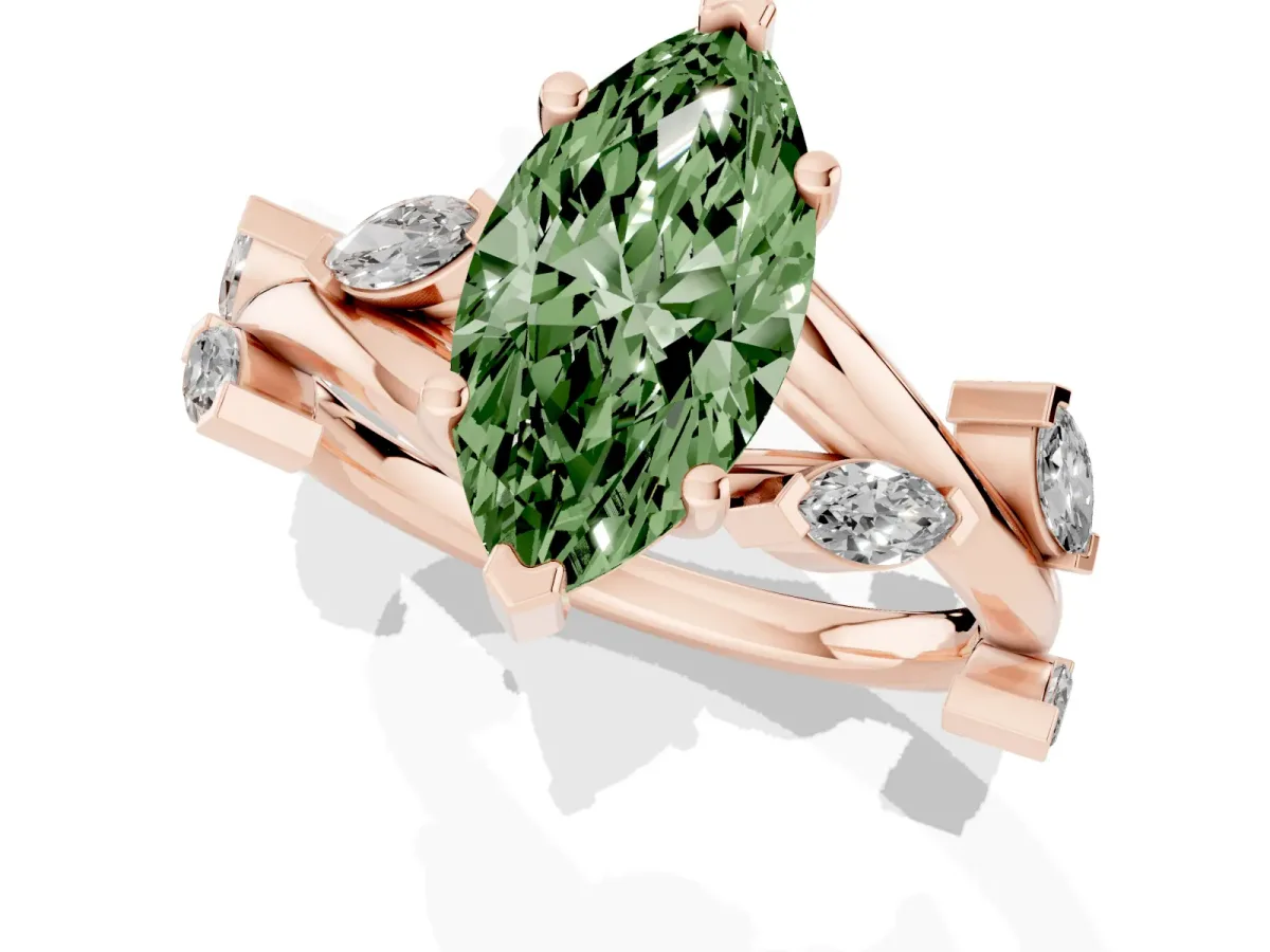 Fancy Green Marquise Cut Solitaire Twisted Band Marquise Accent Prong Setting Ring Rose gold