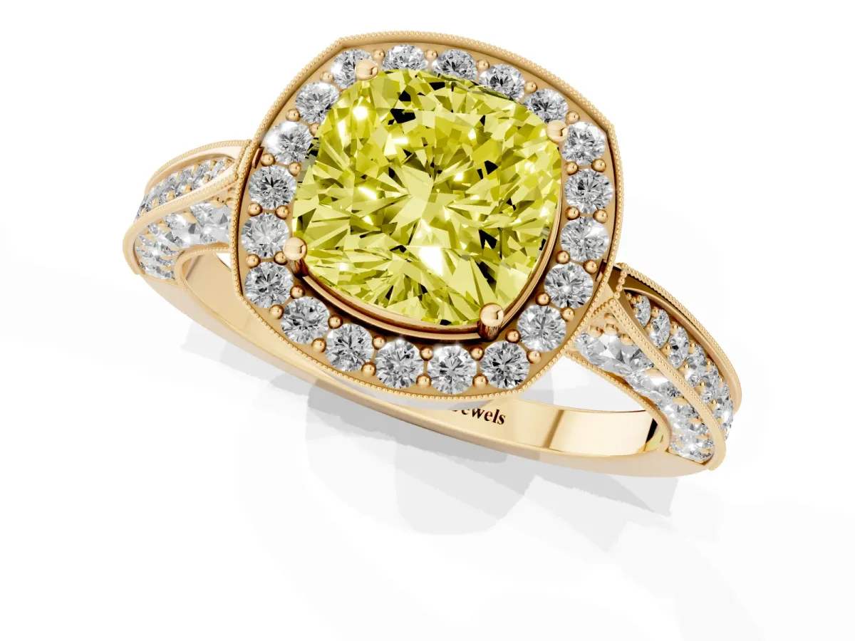 Fancy Yellow Cushion Cut Halo Diamond Engagement Ring with Split Shank Band and Four-Prong Setting Yellow gold
