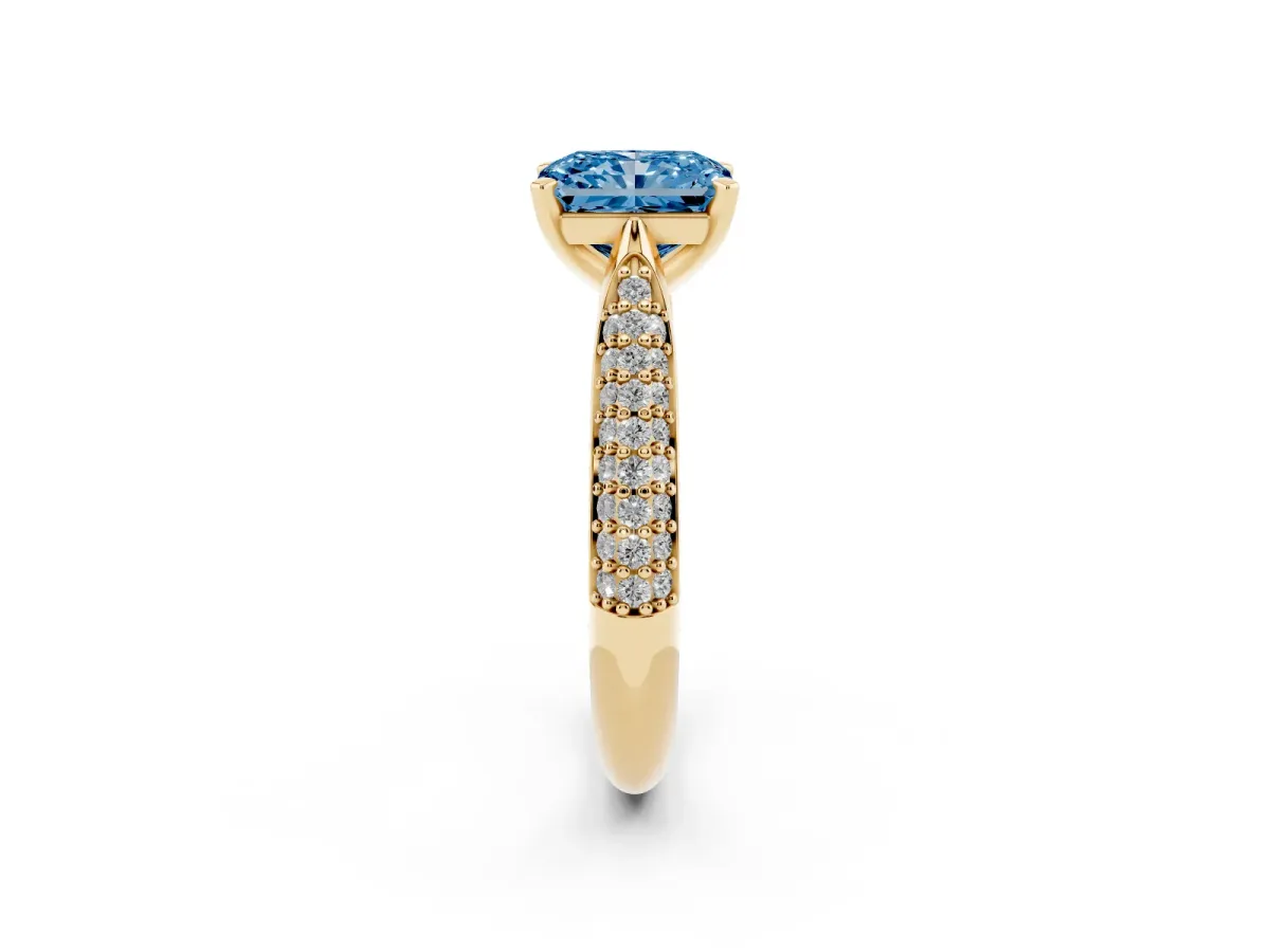 Fancy Blue Radiant Cut Diamond Solitaire Engagement Ring with Multi-Row Round Pavé Band and Prong Setting Yellow gold