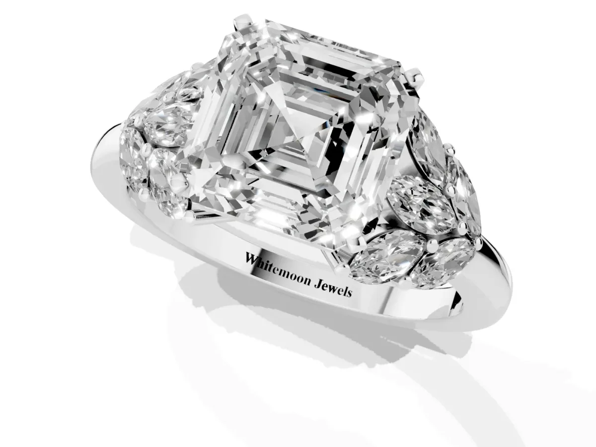 Asscher Cut Diamond Cluster Leaf Design Ring with Prong Setting White gold