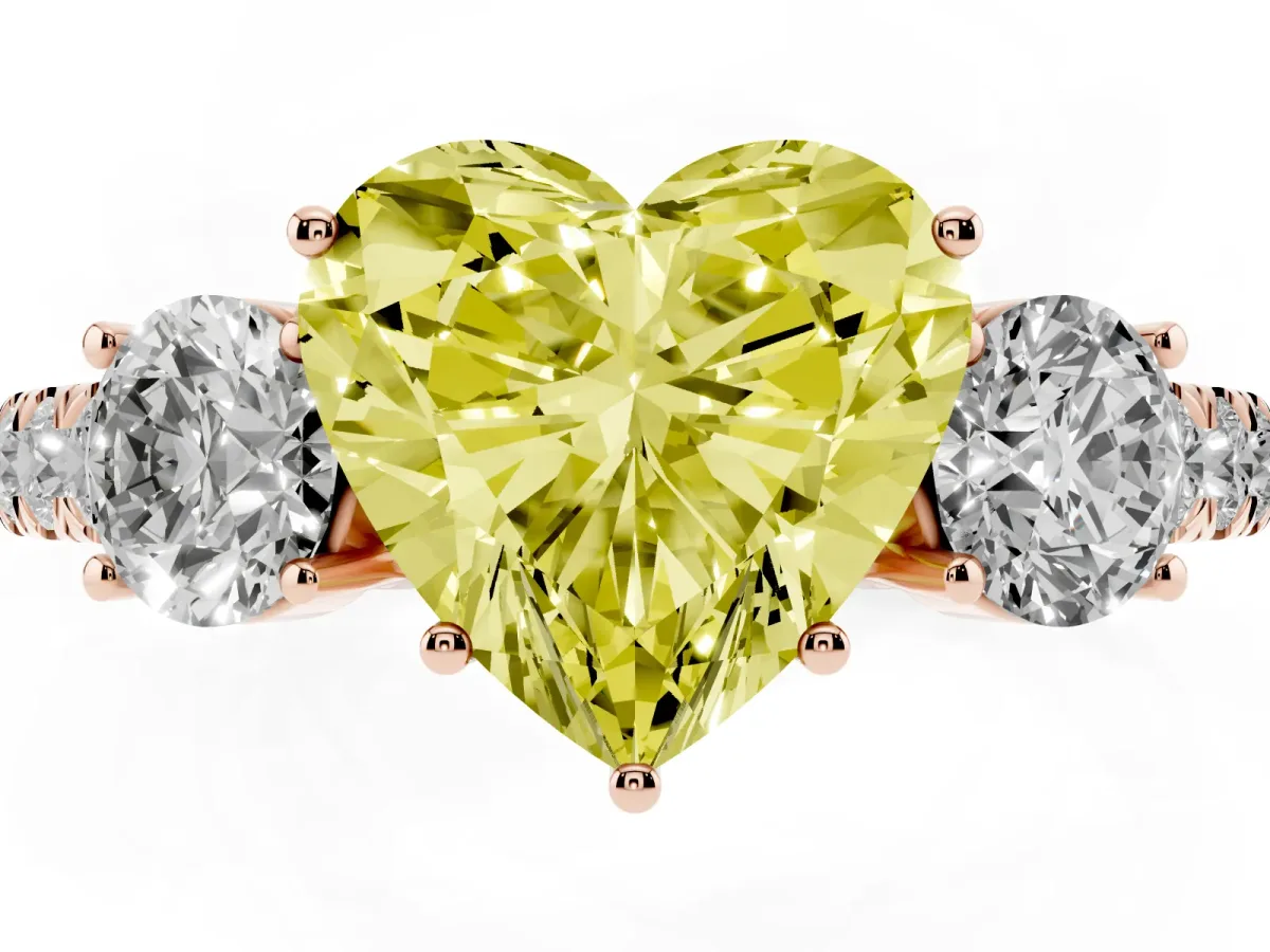 Fancy Yellow Heart Cut Cut Diamond Three-Stone Ring with Round Side Stones and Pavé Band Rose gold