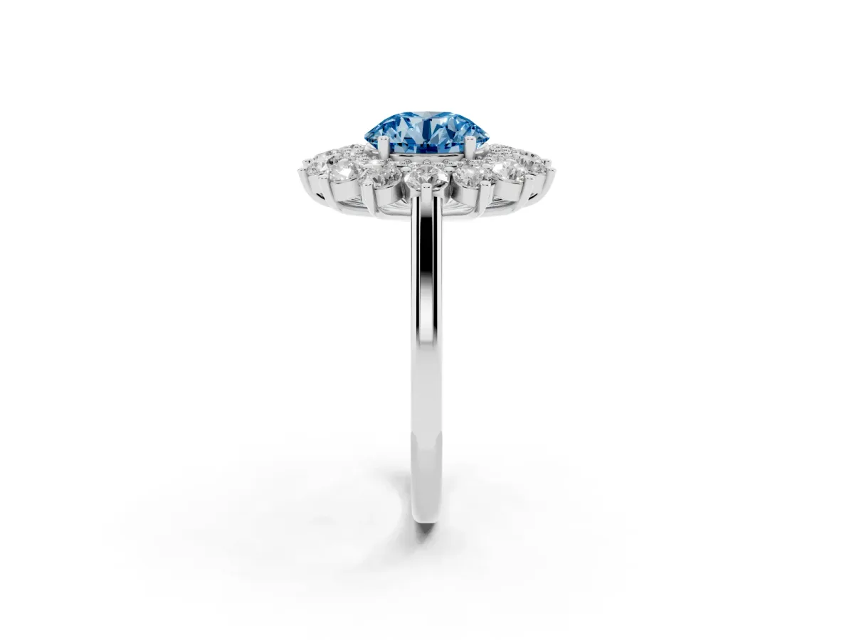 Fancy Blue Round Cut Diamond Floral Double Halo Engagement Ring with Prong Setting Silver
