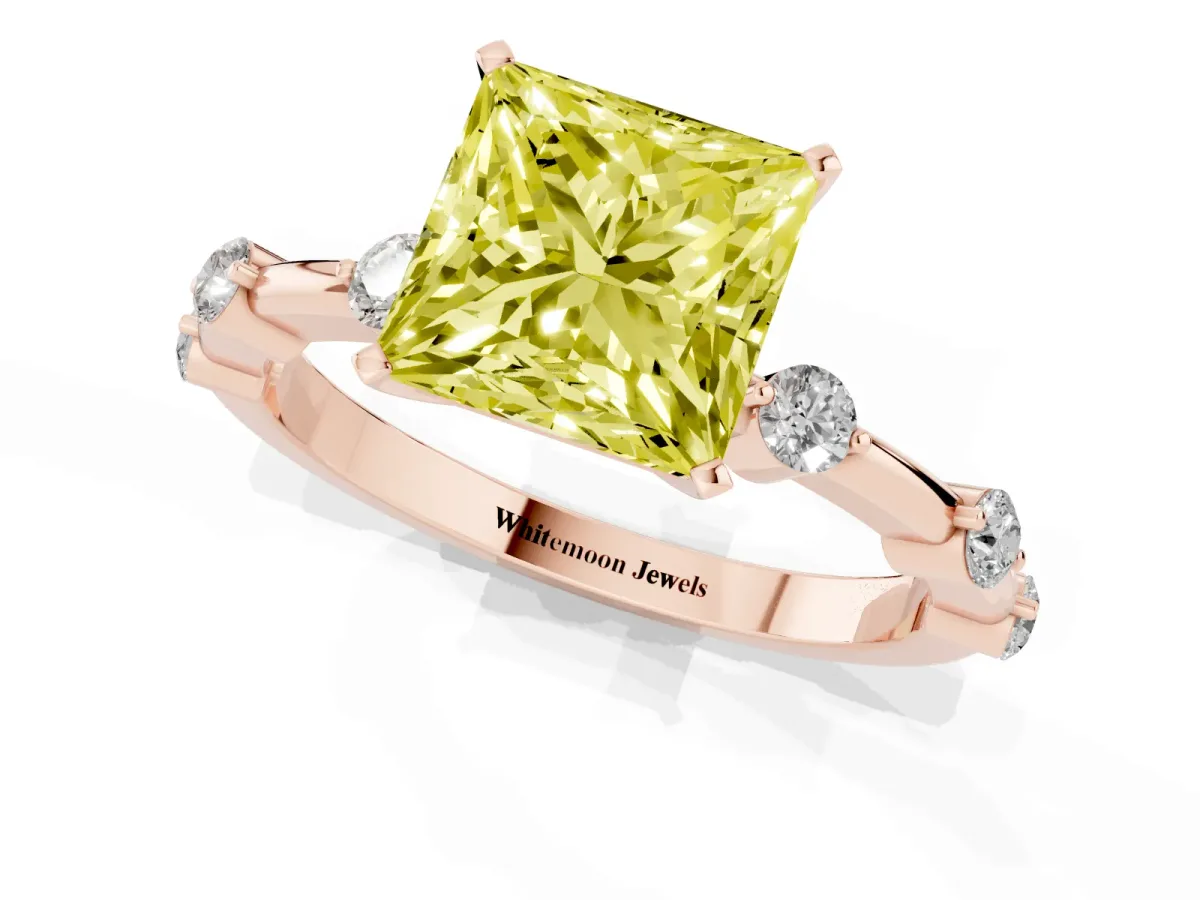 Fancy Yellow Princess Cut Solitaire Diamond Ring with Bezel Set Side Stones and Prong Setting Rose gold