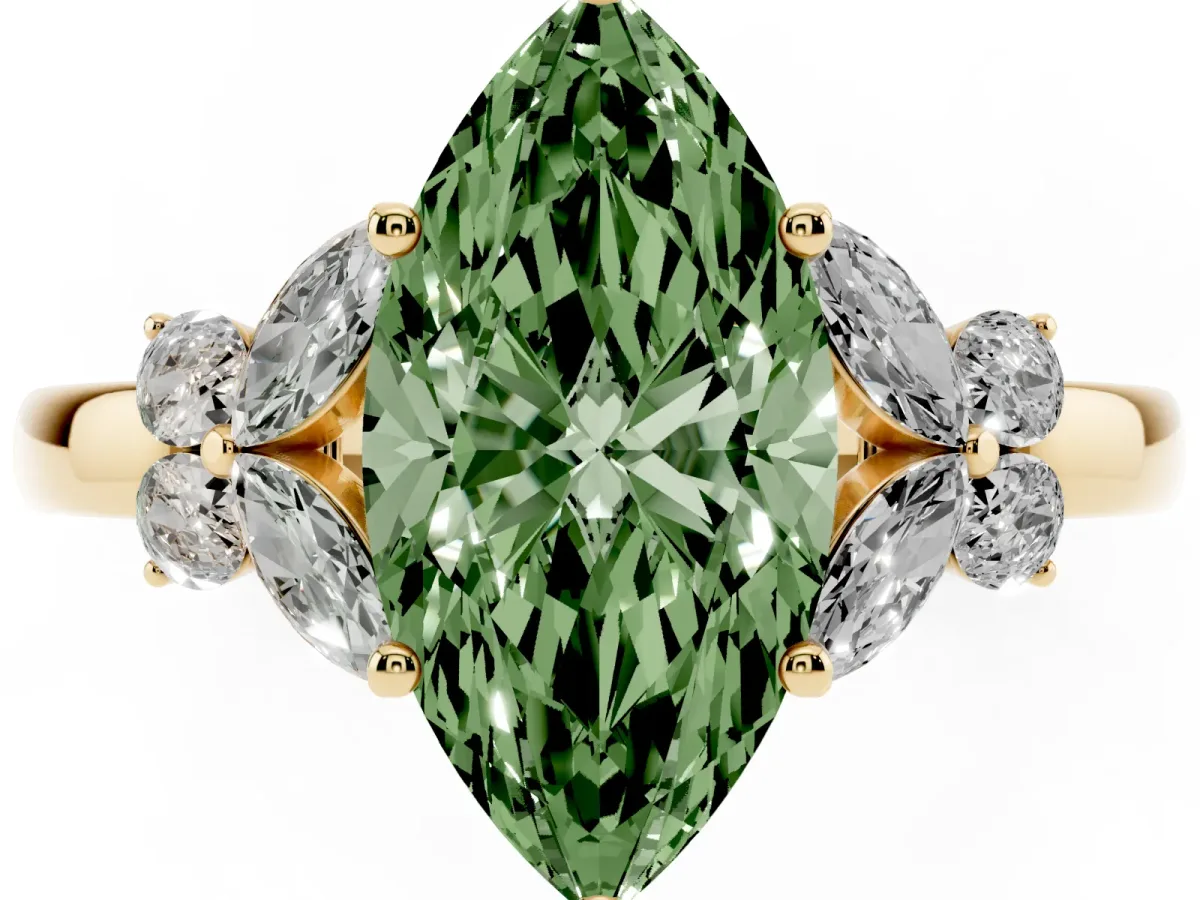 Fancy Green Marquise Cut Cut Solitaire Floral Diamond Ring with Four-Prong Setting Yellow gold