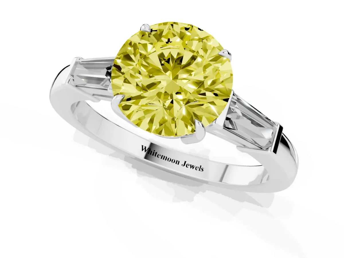Fancy Yellow Round Cut Diamond Three-Stone Ring with Tapered Baguette Side Stones and Prong Setting Silver