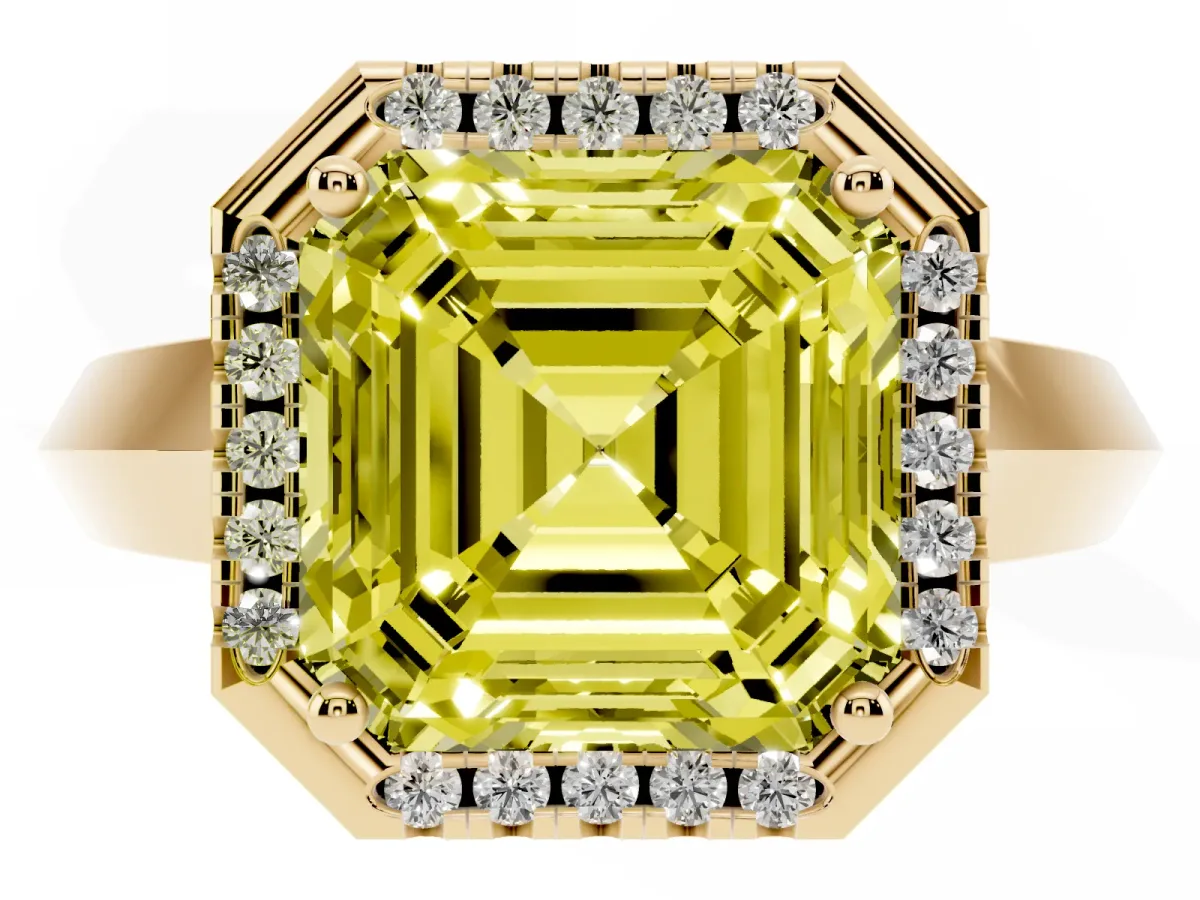 Fancy Yellow Asscher Cut Halo Diamond Ring with Cathedral Band and Four-Prong Setting Yellow gold