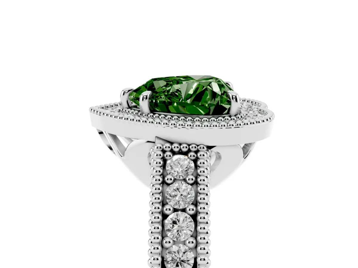 Fancy Green Heart Cut Cut Halo Diamond Ring with Pavé Band and Four-Prong Setting Platinum