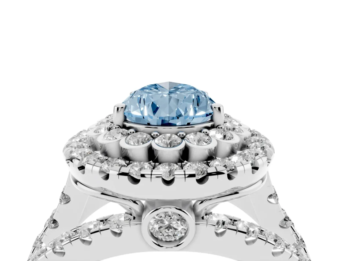 Fancy Blue Pear Cut Diamond Double Halo Ring with Round Pavé Split Shank and Prong Setting Silver