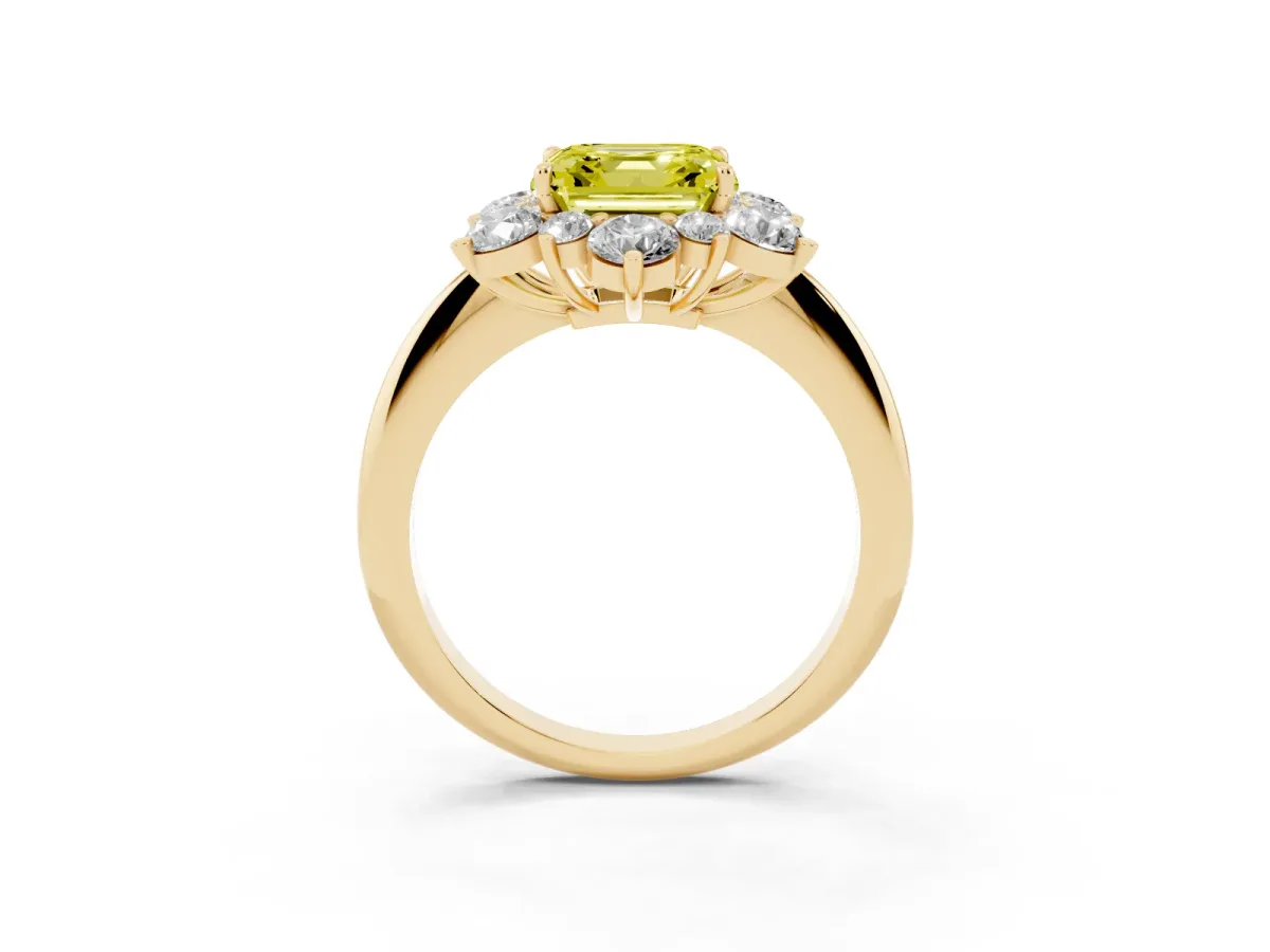 Fancy Yellow Asscher Cut Diamond Cluster Halo Ring with Solitaire Band and Four-Prong Setting Yellow gold