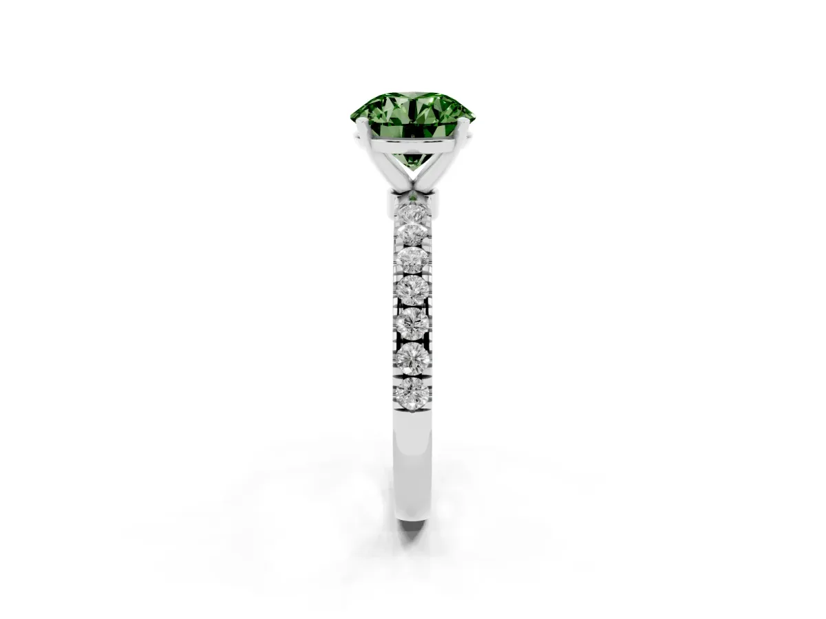 Fancy Green Round Cut Diamond Solitaire Ring with Pavé Accents and Four-Prong Setting White gold