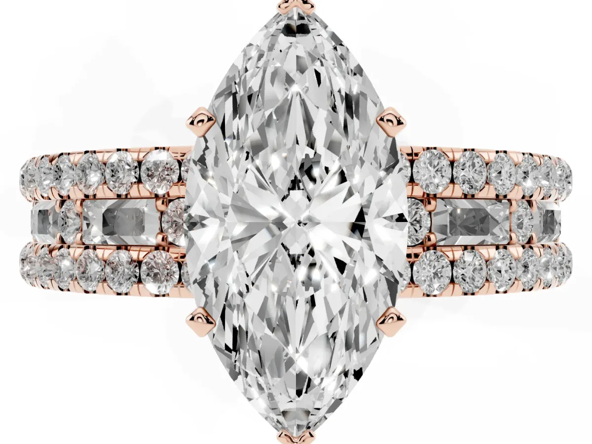 Marquise Cut Diamond Solitaire Ring with Pavé and Channel Set Band Rose gold