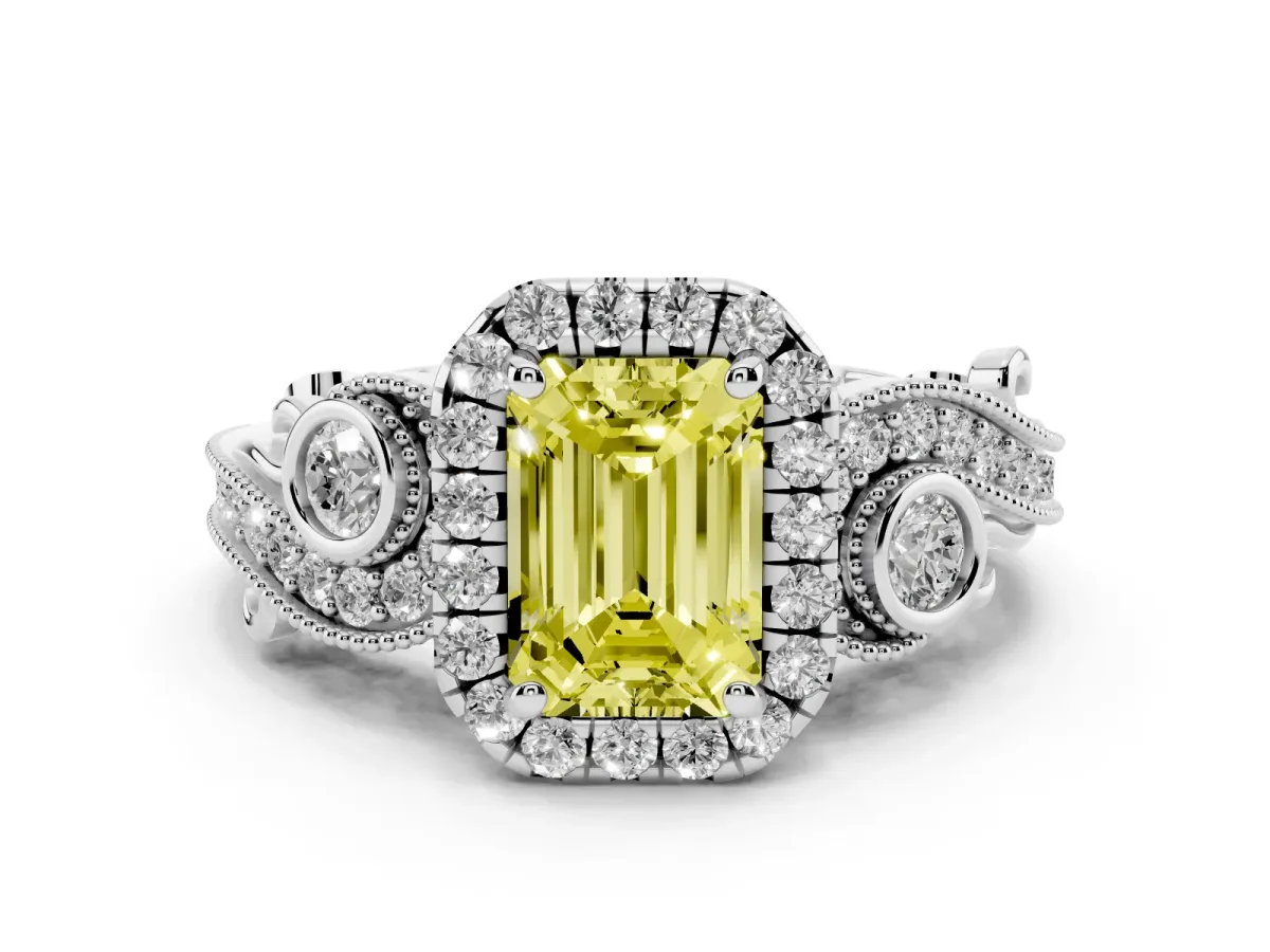 Fancy Yellow Emerald Cut Diamond Halo Ring with Milgrain Pavé Band and Four-Prong Setting White gold