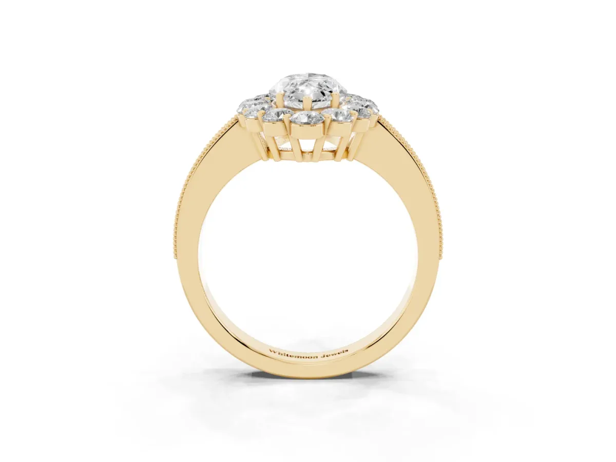 Marquise Cut Cut Halo Diamond Pavé Engagement Ring with Milgrain Detailing Yellow gold