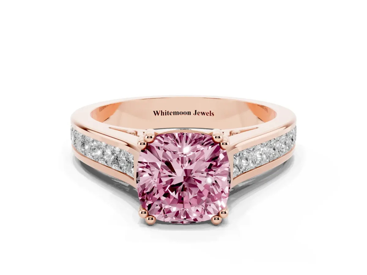Fancy Pink Cushion Cut Cut Channel Set Solitaire Engagement Ring with Prong Setting Rose gold