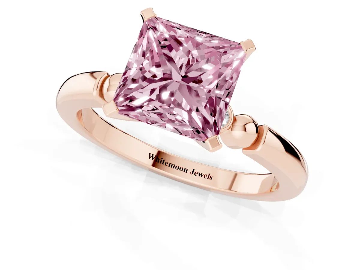 Fancy Pink Princess Cut Solitaire Beaded Band with Four-Prong Setting Rose gold