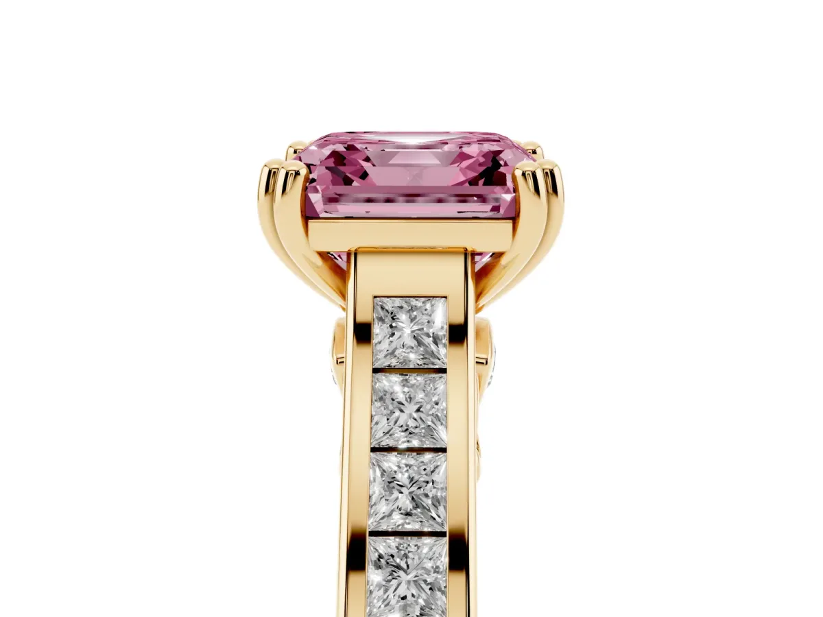 Fancy Pink Asscher Cut Cut Channel Set Solitaire Engagement Ring with Prong Setting Yellow gold