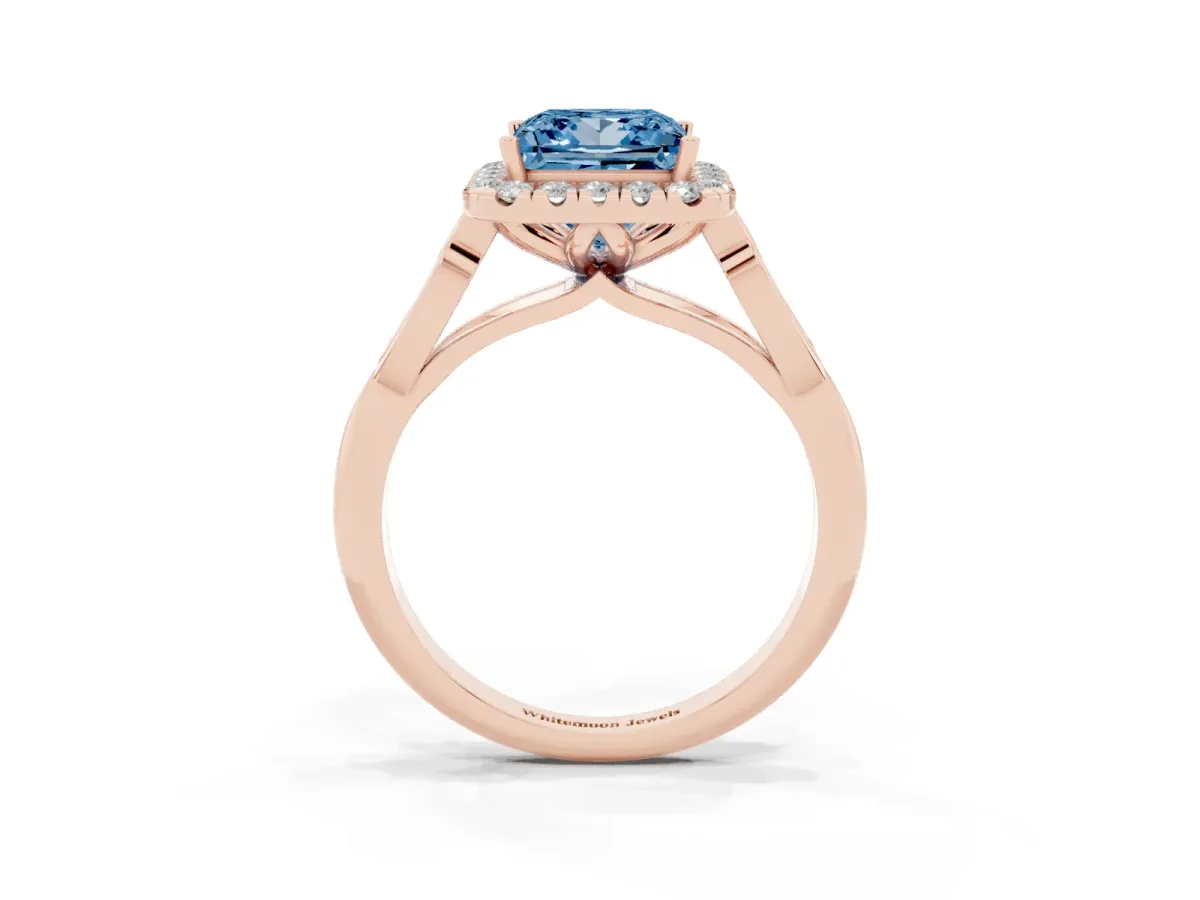 Fancy Blue Princess Cut Halo Diamond Engagement Ring with Filigree Band and Four-Prong Setting Rose gold