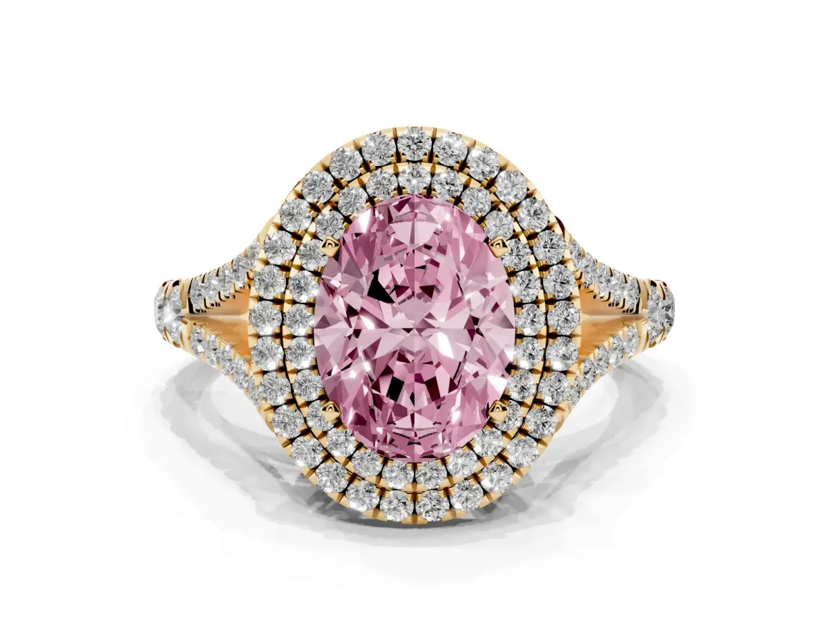 Fancy Pink Double Halo Oval Cut Diamond Split Shank Engagement Ring with Four-Prong Setting Yellow gold