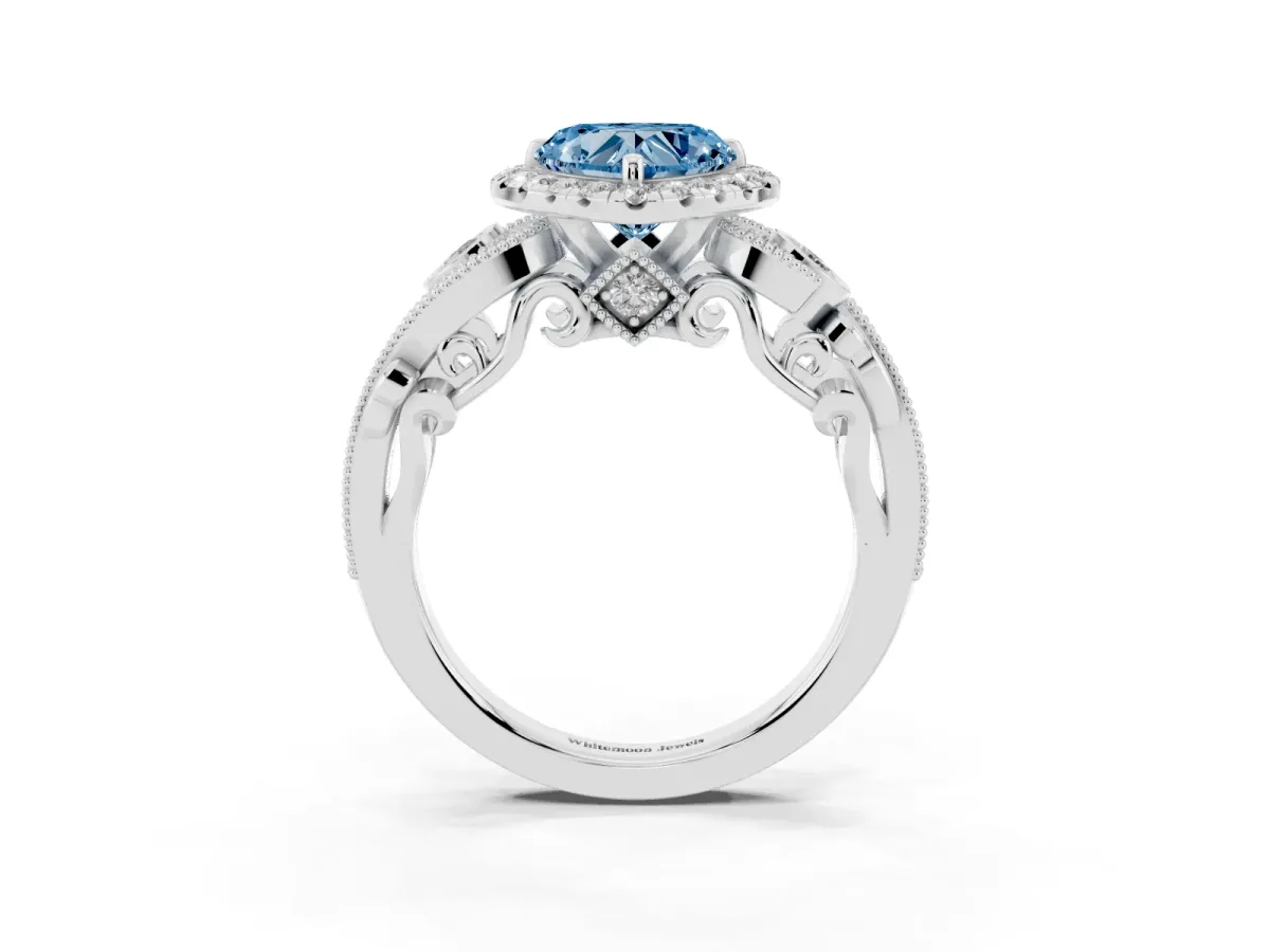 Fancy Blue Heart Cut Diamond Halo Ring with Milgrain Pavé Band and Four-Prong Setting White gold