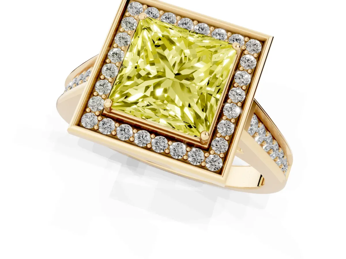 Fancy Yellow Princess Cut Halo Solitaire Diamond Ring with Pave Band and Bezel Setting Yellow gold